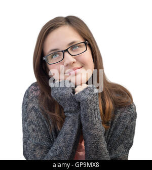 Bella gara di misto ragazza pensando isolato su uno sfondo bianco. Foto Stock