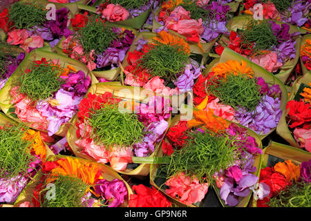 Offerte di tempio in ceste, realizzati con fiori e foglie. Bali, Indonesia Foto Stock