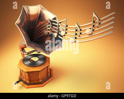 Grammofono Vintage con oro note musicali. Sfondo rétro. 3d illustrazione Foto Stock