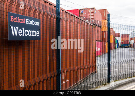 I contenitori di spedizione impilati fino a Belfast Harbour, dietro un muro di sicurezza. Foto Stock