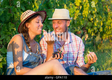 Coppia felice condivisione di uve fresche in vigna Foto Stock