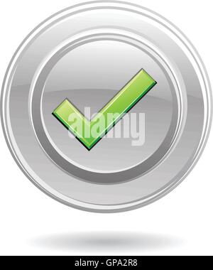 Segno di spunta di colore verde in cerchio metallico isolato su bianco Illustrazione Vettoriale