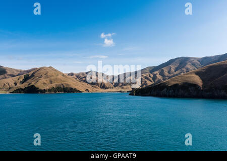 Vista di South Island, in Nuova Zelanda dal traghetto lasciando Wellington Foto Stock