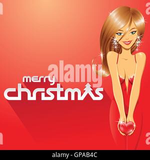 Stock illustrazione di una ragazza di fronte a Merry Christmas testo Illustrazione Vettoriale