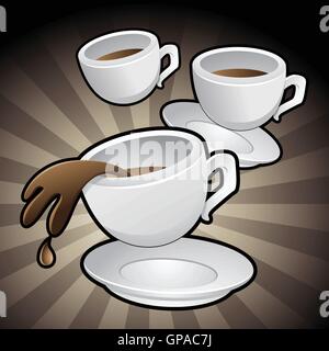 Illustrazione Vettoriale di tazze da caffè con piattini su uno sfondo marrone Illustrazione Vettoriale