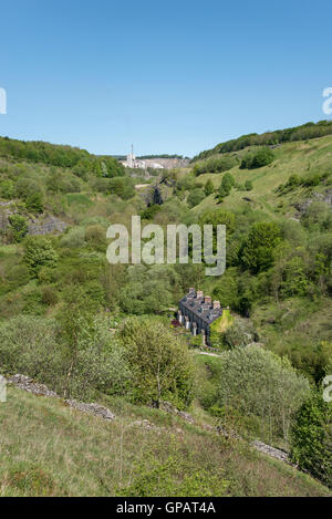 Blackwell mill cottages e grandi rocce dale vicino a Buxton nel Derbyshire, Inghilterra. Foto Stock