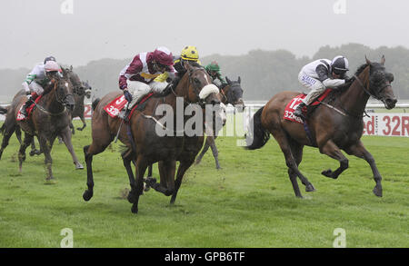 Soie D'Leau cavalcato da Tony Hamilton (sinistra) vince la 32 Red essere amichevole Handicap a Haydock Racecouse. Foto Stock