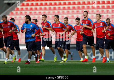 Repubblica ceca i giocatori warm-up durante una sessione di formazione presso la Generali Arena, Praga. Foto Stock