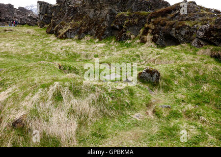 I resti del primo insediamento edificio a Thingvellir Islanda Foto Stock