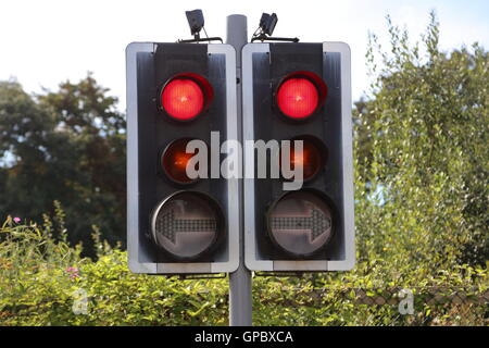 Un inizialmente confondere coppia di segnali di traffico montato su un post con 2 teste ciascuna con due aspetti e una freccia di direzione. Foto Stock