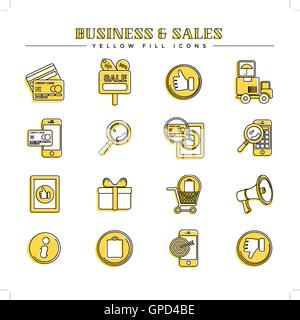 Business e vendite, riempimento giallo set di icone Illustrazione Vettoriale