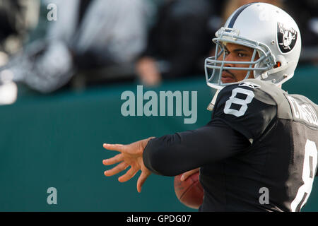 Novembre 28, 2010; Oakland, CA, Stati Uniti d'America; Oakland Raiders quarterback Jason Campbell (8) si riscalda prima della partita contro i delfini di Miami a Oakland-Alameda County Coliseum. Foto Stock