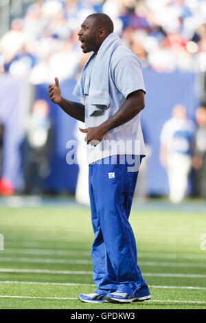 Oct 16, 2011; East Rutherford, NJ, Stati Uniti d'America; New York Giants running back Brandon Jacobs cheers del suo team di margine contro i Buffalo Bills nel corso del quarto trimestre a MetLife Stadium. New York sconfitto Buffalo 27-24. Foto Stock