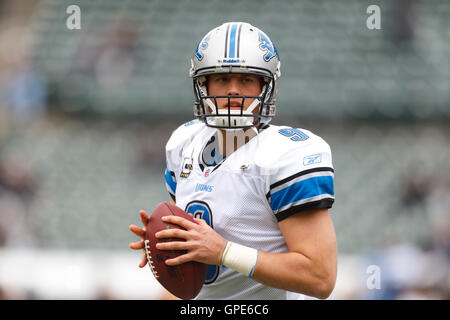 Dic 18, 2011; Oakland, CA, Stati Uniti d'America; Detroit Lions quarterback matthew stafford (9) si riscalda prima della partita contro Oakland Raiders presso l'o.co Coliseum. Foto Stock