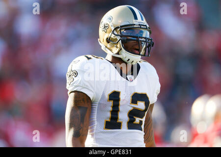 Jan 14, 2012; San Francisco, CA, Stati Uniti d'America; New Orleans Saints wide receiver marques colston (12) prima di giocare contro il San Francisco 49ers durante il secondo trimestre del 2011 nfc divisional playoff game al Candlestick Park. san francisco sconfitto nuovo orl Foto Stock