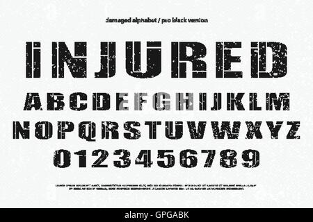 Stile industriale alfabeto lettere e numeri. vettore di tipo font design. lettering grunge icone. bold typesetting. feriti typefa Illustrazione Vettoriale