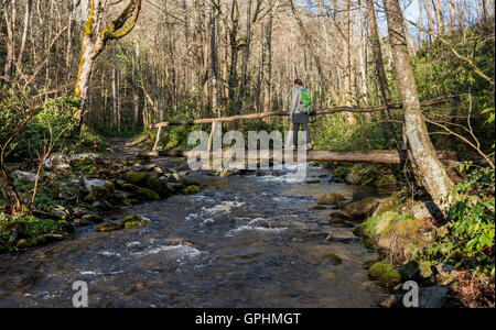 La donna attraversa il ponte di Log in primavera oltre il fiume impetuoso Foto Stock