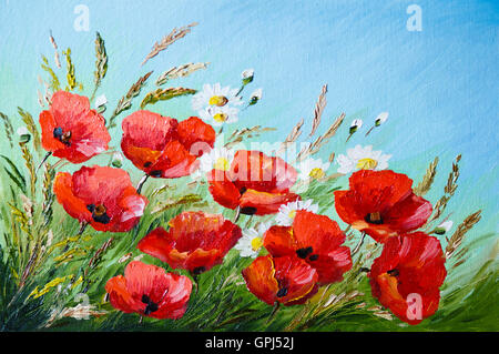 Pittura di olio - poppies in campo, fiori, molla Foto Stock