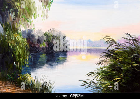 Pittura di olio - Alba sul lago, disegno astratto, impressionismo Foto Stock