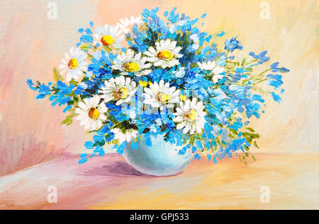 Pittura di olio ancora in vita - bouquet di fiori sul tavolo, camomilla Foto Stock