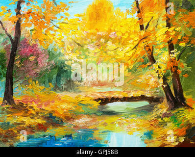 Pittura di olio paesaggio - colori d'autunno foresta, splendido fiume Foto Stock