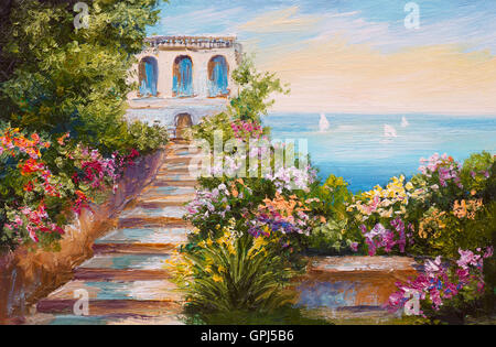 Pittura di olio - casa vicino al mare, fiori colorati, estate seascape Foto Stock