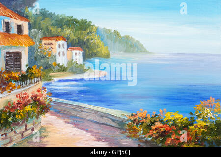 Pittura di olio - casa vicino al mare, fiori colorati, estate seascape Foto Stock