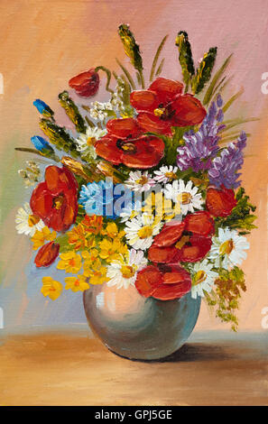 Dipinto ad Olio di fiori di primavera in un vaso su tela. Disegno astratto, floreali, bianco, a molla Foto Stock