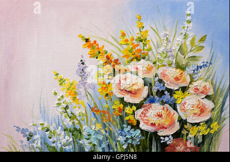 Pittura di olio - abstract bouquet di fiori d'estate, coloratissima acquerello Foto Stock