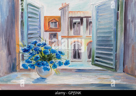 Pittura di olio. Fiori nel balcone, bellissimi tetti d'estate, coloratissima acquerello Foto Stock