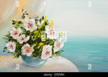 Pittura di olio ancora in vita - bouquet di fiori sul tavolo Foto Stock