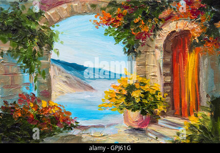 Pittura di olio - casa vicino al mare, fiori colorati, estate seascape Foto Stock