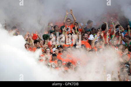 Giardini di Miami, Florida, Stati Uniti d'America. 3 Sep, 2016. Miami Hurricanes ventole al Hard Rock Stadium di Miami, Florida il 1 settembre 2016. © Allen Eyestone/Palm Beach post/ZUMA filo/Alamy Live News Foto Stock