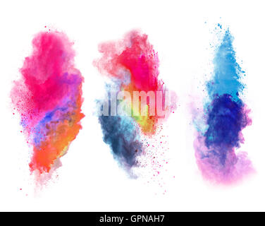 Esplosione di polvere colorata, isolato su sfondo bianco Foto Stock
