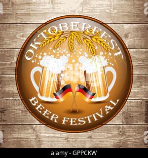 In stile vintage emblema con bicchieri di birra e due tedesco bandiere per oktoberfest festival. illustrazione vettoriale. Illustrazione Vettoriale