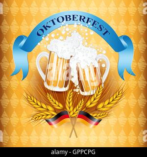 In stile vintage emblema con bicchieri di birra e due tedesco bandiere per oktoberfest festival. illustrazione vettoriale. Illustrazione Vettoriale