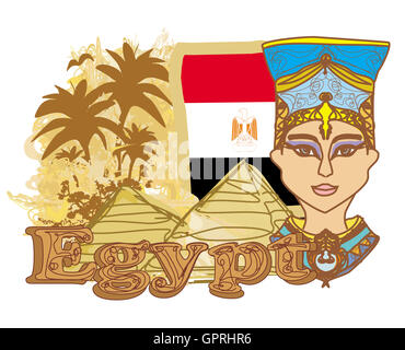 Regina egiziana Cleopatra sullo sfondo della bandiera dell'Egitto Foto Stock