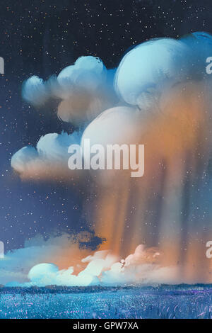 Paesaggio notturno di grande cumulonimbus nuvole sopra il campo,landscape,illustrazione pittura Foto Stock