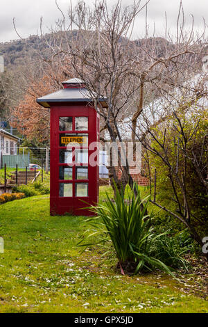 Uno stile vecchio telefono rosso stand in un paese erbosa lane Foto Stock