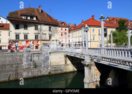 Cobblers' Ponte (Čevljarski più) a Ljubljana, Slovenia. Foto Stock