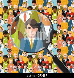 Gli uomini in folla sotto la lente di ingrandimento, illustrazione piatta Illustrazione Vettoriale