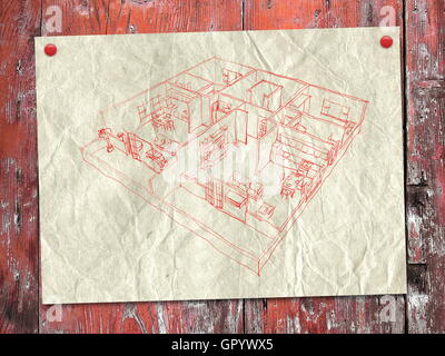 2d rosso freehand disegno della casa arredato appartamento interno sul vecchio foglio di carta sulla rossa di tavole di legno sfondo con perni Foto Stock