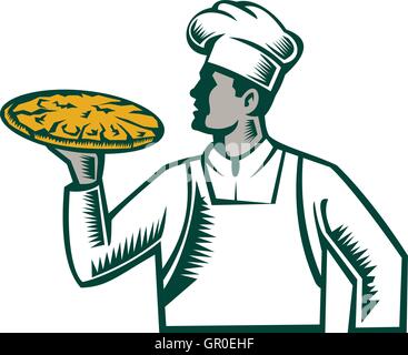 Illustrazione di una pizza chef baker tenendo la pizza guardando al lato impostato su isolato sfondo bianco fatto in xilografia retrò stile. Illustrazione Vettoriale