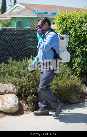 San Diego, California, Stati Uniti d'America 06 Settembre 2016 - Robert Murillo, la Contea di San Diego vettore di controllo tecnico spruzza il Mt. Speranza quartiere di San Diego per le zanzare, il risultato di un viaggio-relative Zika caso nella zona. Credito: Craig Steven Thrasher/Alamy Live News Foto Stock