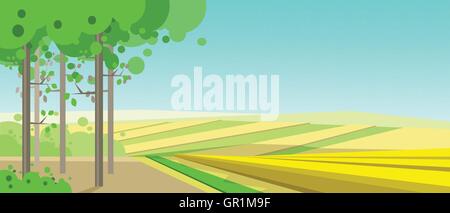 Vettore astratto paesaggio verde con i campi gialli e una foresta, piatto stile a zig-zag. Illustrazione Vettoriale