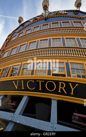 HMS Victory portsmouth stern che mostri il nome Foto Stock