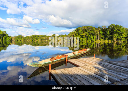 Canoa sulla laguna Garzacocha in Amazzonia Foresta pluviale tropicale presso la Selva Lodge sul fiume Napo, Ecuador, Sud America Foto Stock