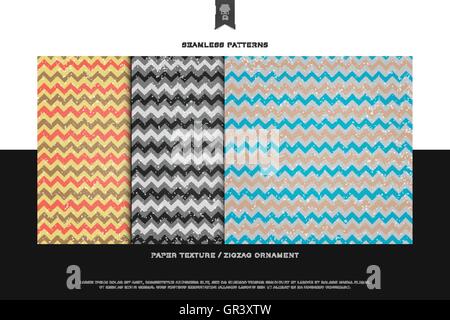 Serie di modelli senza giunture con decorazione geometrica su distressed trama della carta. vettore, a zig-zag stile retrò design sfondo. fa Illustrazione Vettoriale