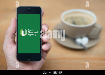 Un uomo guarda al suo iPhone che visualizza il governo britannico Food Standards Agency logo (solo uso editoriale). Foto Stock