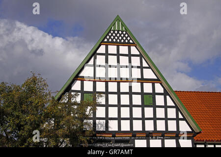 Dettaglio di una vecchia casa Half-Timbered In Bad Essen, Bassa Sassonia, Germania Foto Stock